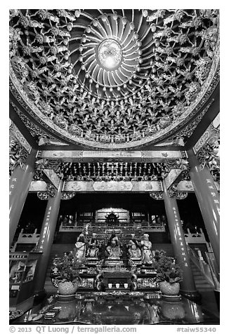 Ceiling and altar in gate, Wen Wu temple. Sun Moon Lake, Taiwan (black and white)