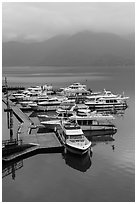 Tour boats in early morning. Sun Moon Lake, Taiwan (black and white)