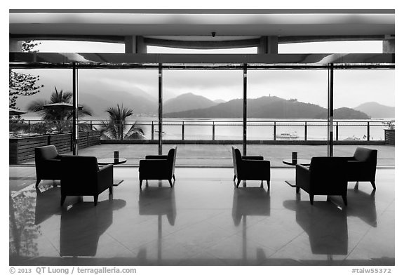 Lakeside hotel lobby. Sun Moon Lake, Taiwan (black and white)
