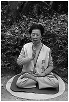 Woman meditating. Sun Moon Lake, Taiwan (black and white)