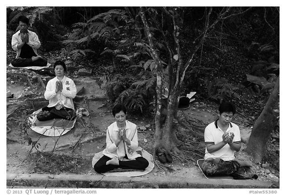 Group meditating in forest. Sun Moon Lake, Taiwan