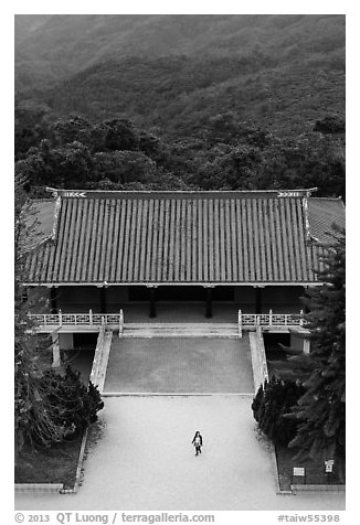 Woman and temple from above, Tsen Pagoda. Sun Moon Lake, Taiwan