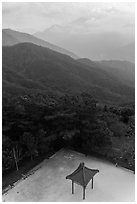 Pavilion from above and misty mountains, Tsen Pagoda. Sun Moon Lake, Taiwan (black and white)
