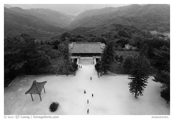 Grounds of Tsen Pagoda seen from the tower. Sun Moon Lake, Taiwan (black and white)