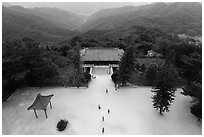 Grounds of Tsen Pagoda seen from the tower. Sun Moon Lake, Taiwan (black and white)