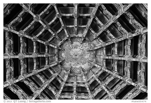 Plafond ceiling detail, Longshan Temple. Lukang, Taiwan (black and white)