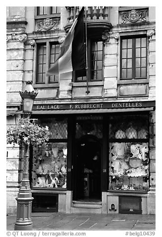 Lace store with Belgian flag, Grand Place. Brussels, Belgium (black and white)