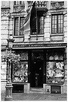 Lace store with Belgian flag, Grand Place. Brussels, Belgium (black and white)