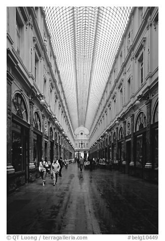 Galeries St Hubert, Europe's first shopping arcade, built in 1846. Brussels, Belgium (black and white)