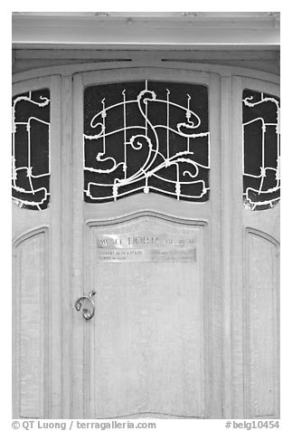 Door of Horta Museum in Art Nouveau style. Brussels, Belgium (black and white)