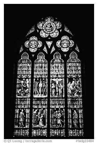 Glass stained window in the Basilica of Holy Blood. Bruges, Belgium (black and white)