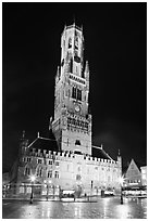 Halletoren belfry at night. Bruges, Belgium (black and white)