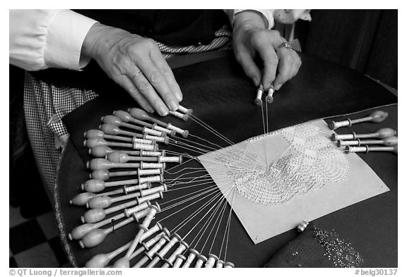 Lacemaker's hand at work. Bruges, Belgium (black and white)