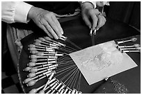 Lacemaker's hand at work. Bruges, Belgium (black and white)