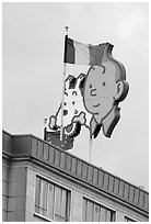Tintin, Milou, and Belgian flag. Brussels, Belgium ( black and white)