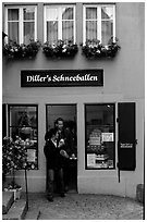 Pastry store specializing Schneeballen, a local specialty. Rothenburg ob der Tauber, Bavaria, Germany (black and white)