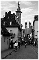 Rathaus, and Neumunsterkirche seen fron Alte Mainbrucke (bridge). Wurzburg, Bavaria, Germany ( black and white)