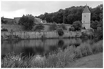 Duck pond and rampart walls, Dinkelsbuhl. Bavaria, Germany (black and white)