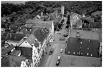 House rooftops and Street seen from the Rathaus tower. Rothenburg ob der Tauber, Bavaria, Germany ( black and white)