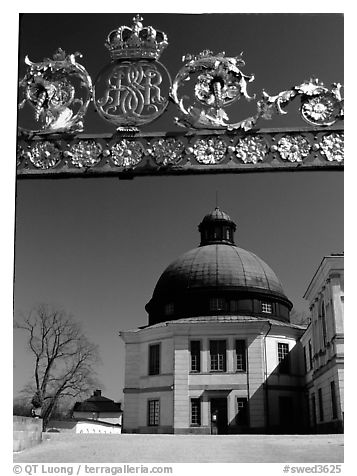 Entrance gate, royal residence of Drottningholm. Sweden (black and white)
