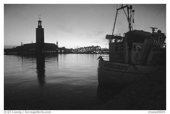 Fishing boat and Stadshuset. Stockholm, Sweden (black and white)