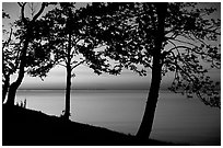 Trees and sunset on Vattern Lake, Vadstena. Gotaland, Sweden (black and white)