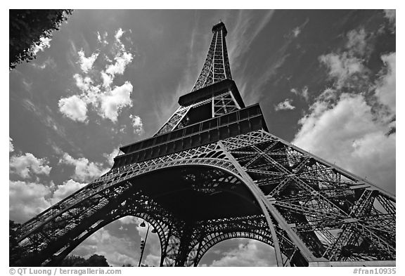 Wide view of Eiffel tower from its base. Paris, France (black and white)