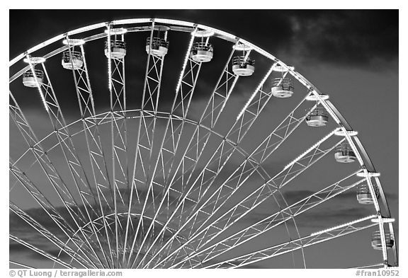 Detail of Ferris wheel at dusk, Tuileries. Paris, France (black and white)
