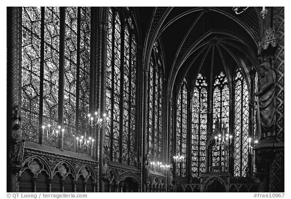 Sainte Chapelle haute covered with stained glass. Paris, France (black and white)