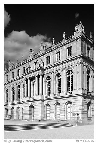 Facade of the Versailles palace, late afternoon. France (black and white)