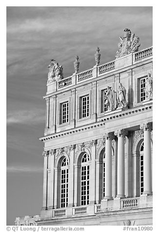 Detail of facade, late afternoon, Versailles palace. France (black and white)