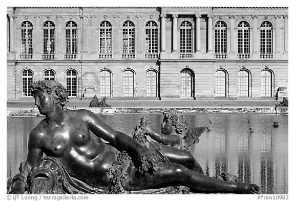 Statue, basin, and facade, afternoon, Palais de Versailles. France