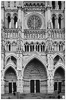 Frontal view  of Notre Dame Cathedral west facade, Amiens. France (black and white)