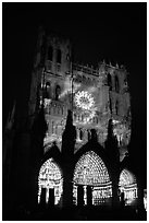 Cathedral facade illuminated at night, Amiens. France ( black and white)