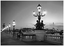 Lamps on Alexandre III bridge at sunset. Paris, France ( black and white)