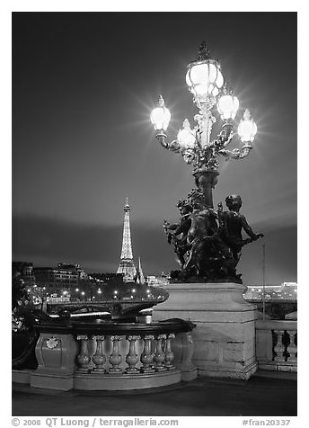 Bronze lamp post with scultpure on Pont Alexandre III, and Eiffel Tower at night. Paris, France (black and white)