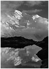 Mont Blanc and clouds reflected in pond, Chamonix. France ( black and white)