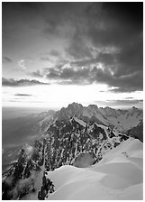 Midi-Plan ridge, Aiguille Verte, Droites, and Courtes at sunrise, Chamonix. France (black and white)
