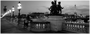 Alexander III bridge and Eiffel tower at dusk. Paris, France (Panoramic black and white)