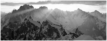 Rugged peaks of the Mont-Blanc Range. France (Panoramic black and white)