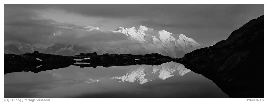 Mountain scenery with high peak reflected at sunset, Mont-Blanc. France (black and white)