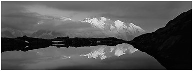 Mountain scenery with high peak reflected at sunset, Mont-Blanc. France (Panoramic black and white)