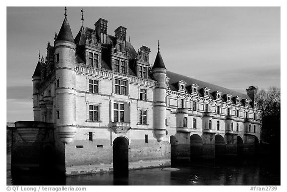 Chenonceaux chateau, built above the Cher river. Loire Valley, France (black and white)