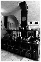 Kitchen of the Chenonceaux chateau. Loire Valley, France (black and white)