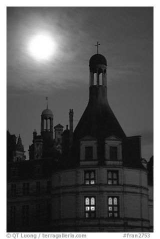 Detail of Chambord chateau with moon. Loire Valley, France (black and white)