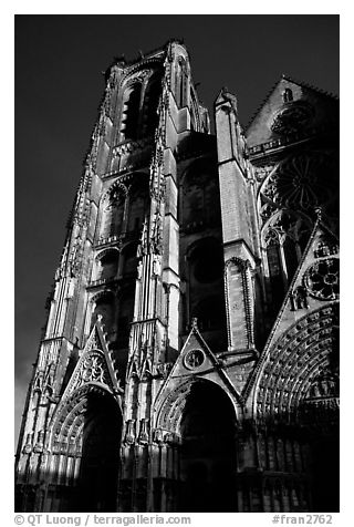 Front of Saint-Etienne Cathedral with stormy sky. Bourges, Berry, France (black and white)