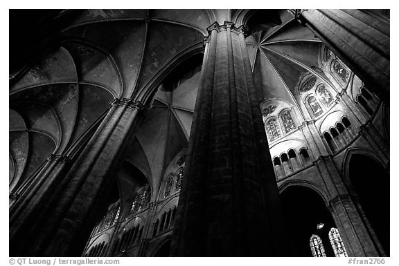 Soaring gothic columns, Saint-Etienne Cathedral. Bourges, Berry, France (black and white)