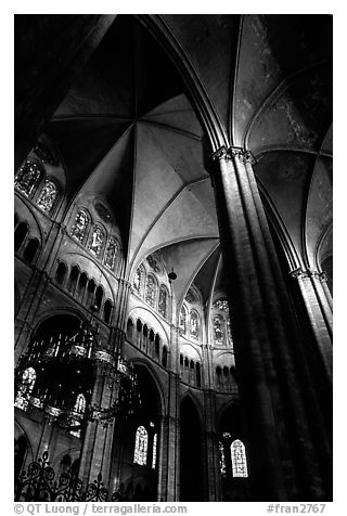 Gothic columns and nave inside Bourges Cathedral. Bourges, Berry, France (black and white)