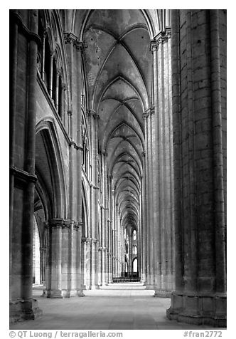 Side  aisle inside Bourges Saint Stephen Cathedral. Bourges, Berry, France (black and white)