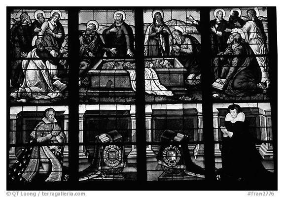 Stained glass detail, Saint-Etienne Cathedral. Bourges, Berry, France (black and white)